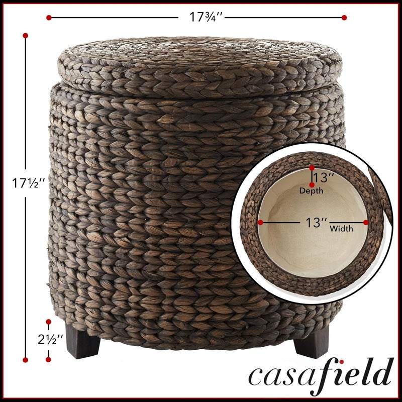 Casafield 17" Round Storage Ottoman with Lid - Espresso, Handwoven Water Hyacinth Footstool for Living Room, Bedroom, Bathroom, Home Office - Image 3